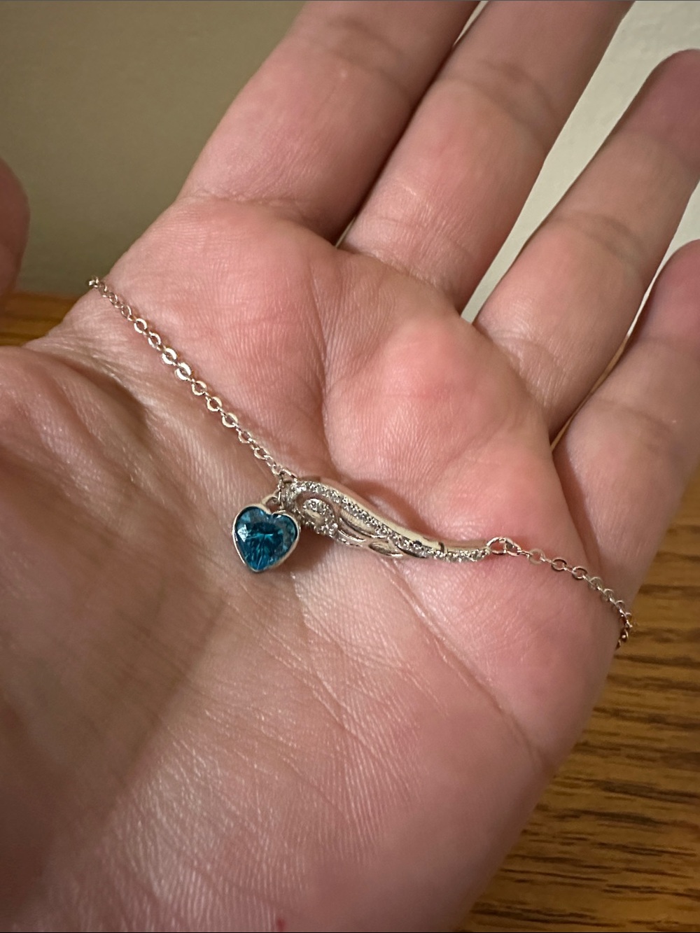 Silver Wing and Blue Heart Pendant Necklace - Women Jewelry